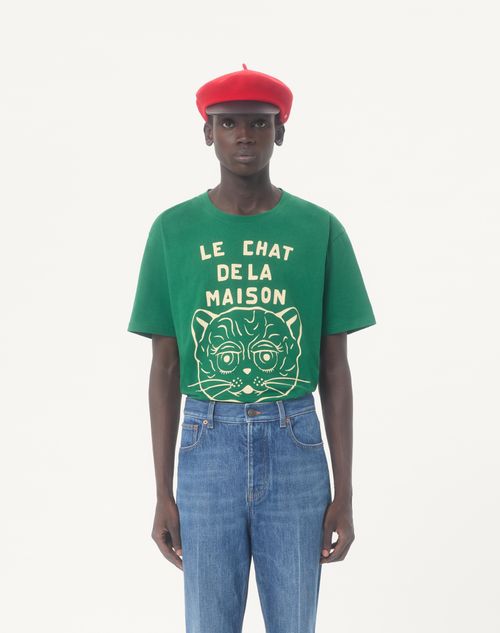 Valentino - Cotton T-shirt With Le Chat De La Maison Print - Green - Man - T-shirts And Sweatshirts