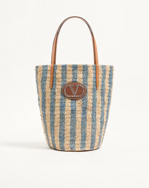 Valentino Garavani - Cabas Valentino Garavani En Raphia À Motif Rayé. - Naturel/bleu D'azur - Femme - Cabas