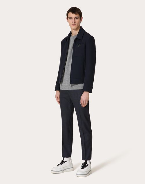 Valentino - Wool Jacket With Metallic V Detail - Navy - Man - Outerwear