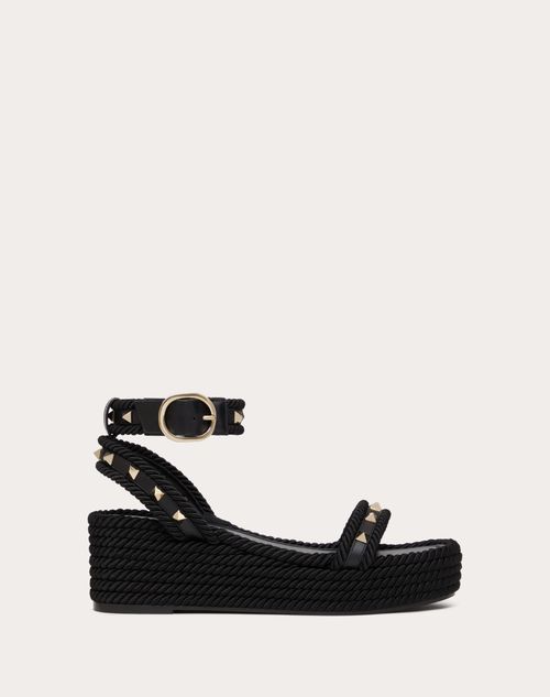 Valentino Garavani - Sandalia Rockstud Flatform De Cuero De Becerro Con Tacón De 45 mm - Negro - Mujer - Espadrilles - Shoes