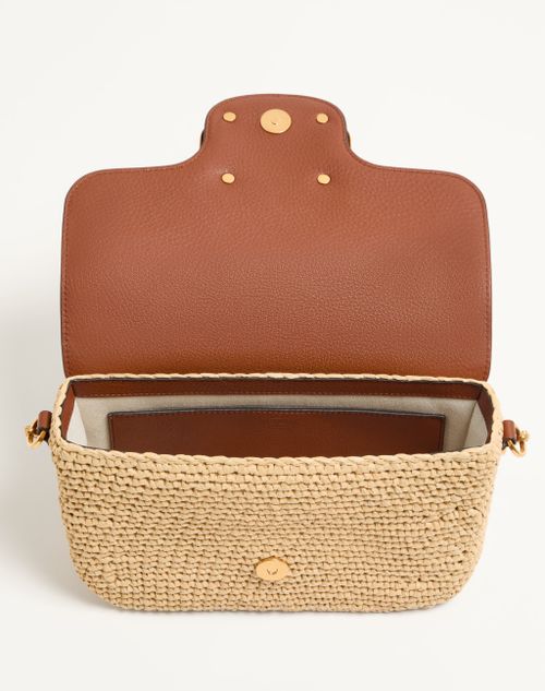 Valentino Garavani - Valentino Garavani Alltime Shoulder Bag In Raffia And Grainy Calfskin With Ribbon Strap Featuring Cherryfic Embroidery - Natural/saddle Brown - Woman - Shoulder Bags