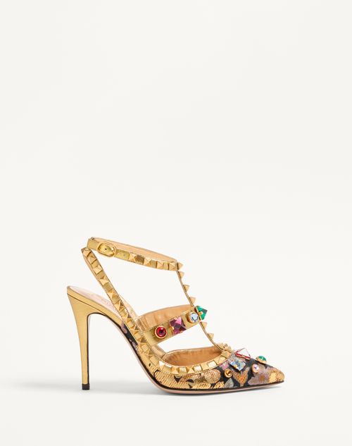 Valentino Garavani - Rockstud Pumps With Straps In Jacquard Apres L'hiver Fabric With Crystals 100mm - Gold - Woman - Pumps