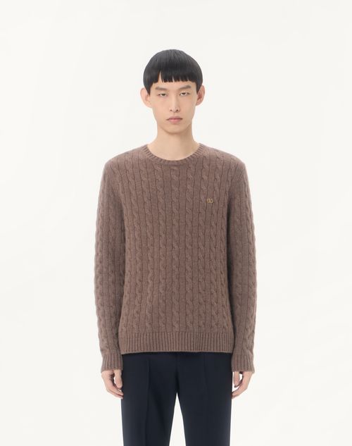 Valentino - Valentino Cashmere Cable-knit Pullover With Vlogo - Brown - Man - Knitwear