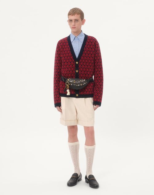 Valentino - Wool Cardigan With Toute La V Pattern - Navy/ Red - Man - Shelf - Mrtw - Fancy Daywear W1
