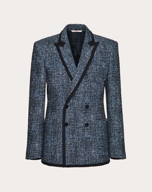 Valentino - Zweireihiges Tweed-jackett Aus Baumwolle Und Viskose Mit Microchevron-aufdruck - Elfenbein/navy - Mann - Mäntel & Blazer