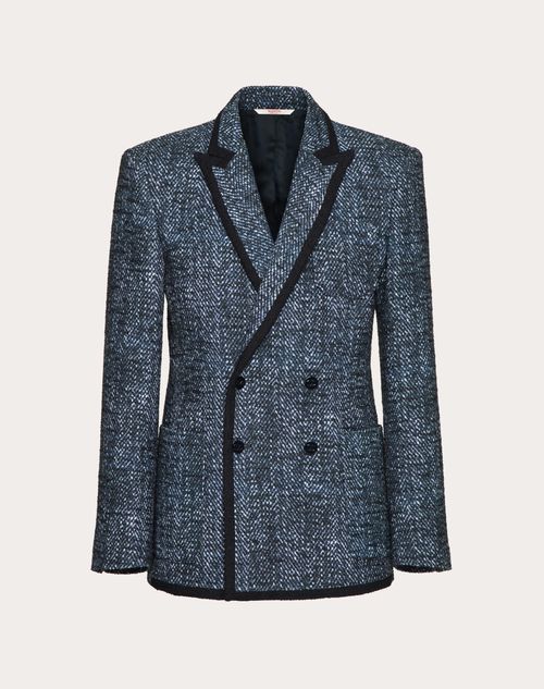 Valentino - Double-breasted Jacket In Cotton And Viscose Tweed With Microchevron Print - Ivory/navy - Man - Shelf - Mrtw - Wardrobing & Vlogo Sign