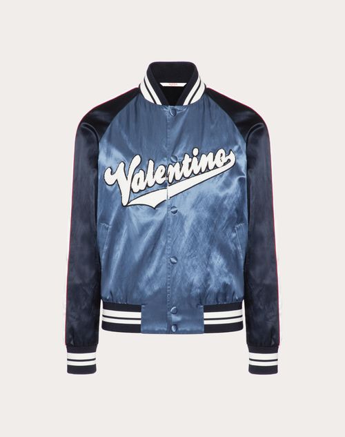 Valentino - Viscose And Cotton Bomber Jacket With Embroidered Valentino Patch - Azure/navy/ivory - Man - Ready To Wear