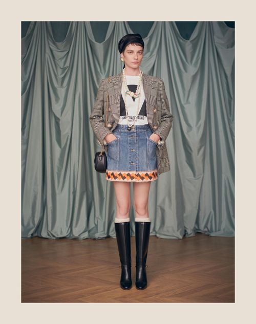 Denim Skirt With Jacquard Trims for Woman in Denim Denim Skirt With Jacquard Trims for Woman in Denim