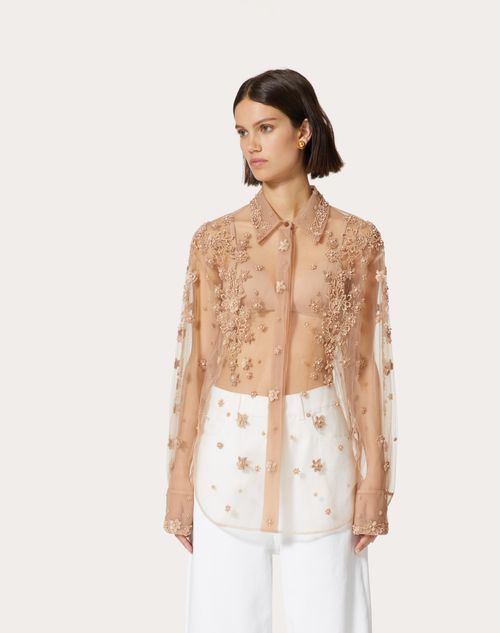 Embroidered Tulle Illusione Shirt for Woman in Hazelnut | Valentino US