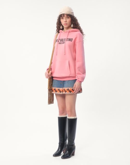 Valentino - Cotton Sweatshirt With Hood And Chez Valentino Print - Pink - Woman - Tshirts And Sweatshirts
