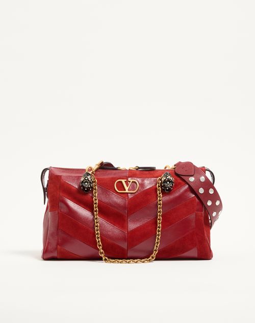 Valentino Garavani - Valentino Garavani Panthea Medium Shoulder Bag In Suede And Nappa With Chevron Motif - Red - Woman - Shoulder Bags