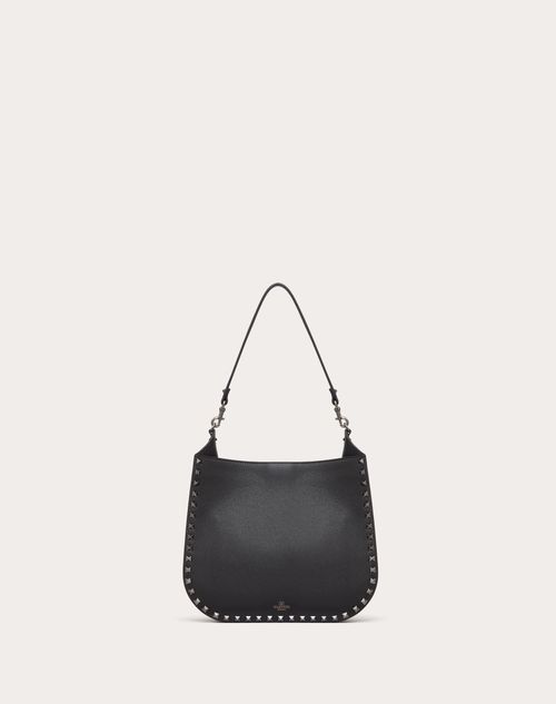 Rockstud Grainy Calfskin Hobo Bag for Woman in Black | Valentino US