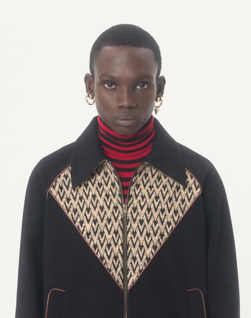 Valentino - Valentino Bomber Jacket In Wool And Cashmere Drap With V Inlaid With Toute La V Jacquard Pattern - Black - Man - Outerwear