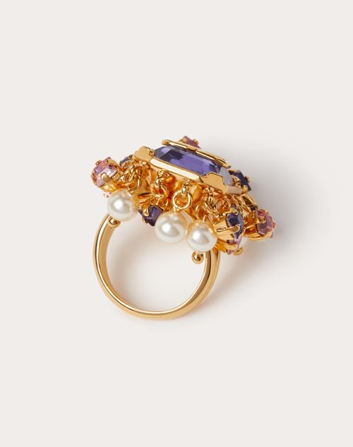 Valentino VLogo Signature Open Ring In Metal with Diamond Gold/Pink