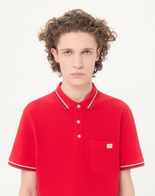 Valentino - Cotton Piqué Polo Shirt With Vlogo Patch - Red - Man - T-shirts And Sweatshirts
