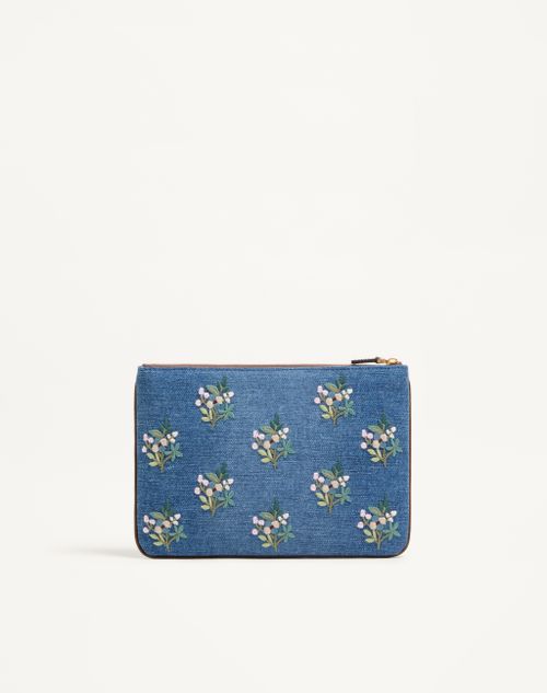 Valentino Garavani - Valentino Garavani Vlogo Signature Clutch Bag In Denim With Floral Embroidery - Denim - Woman - Clutches
