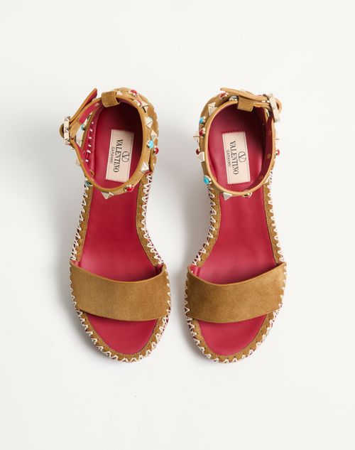 Valentino Garavani - Rockstud Double Wedge Sandal In Split Leather With Cabochon Stones 105mm - Havana Beige - Woman - Espadrilles And Wedges