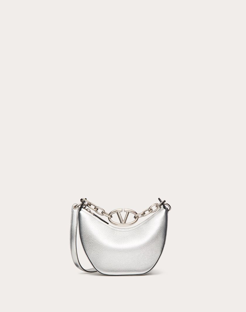 Valentino Handbags Mini Hobo Vlogo Moon Bag In Vitello Granato Metallizzato Con Catena per Donna in Argento | Valentino IT