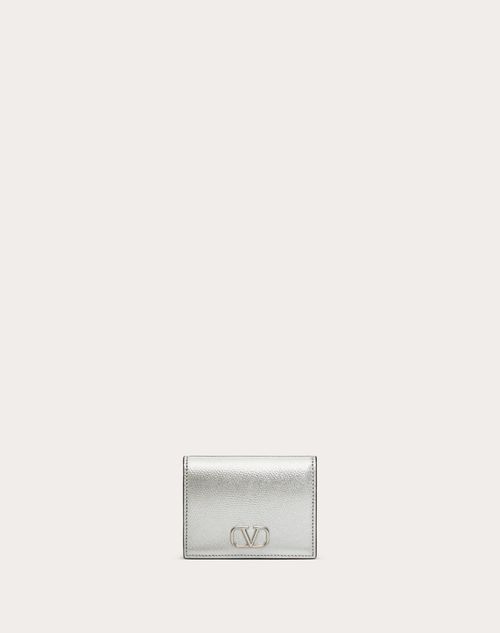 Valentino Garavani - Portefeuille Vlogo Signature Compact En Cuir De Veau Grainé Métallisé - Argent - Femme - Petits Cadeaux