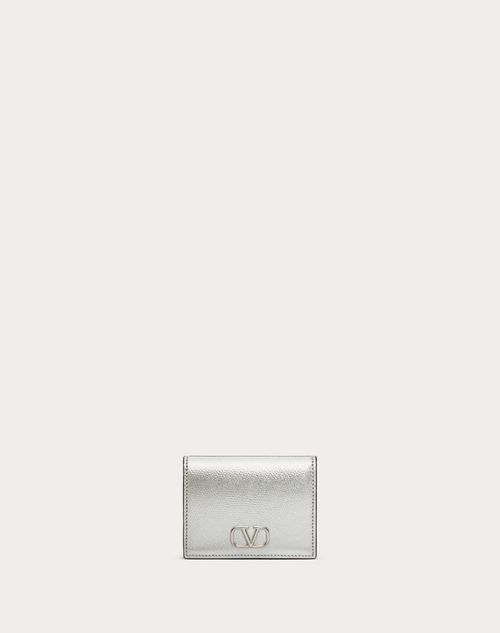 Valentino Garavani - Vlogo Signature Metallic Grainy Calfskin Compact Wallet - Silver - Woman - Small Treats