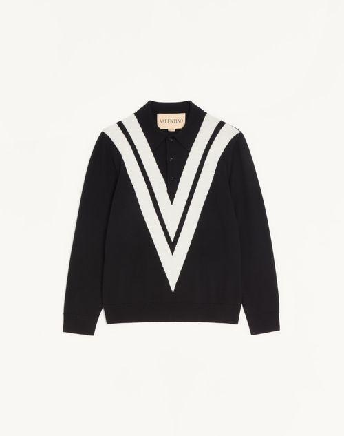 Valentino - Valentino Wool Polo Shirt With Inlaid V - Black/butter - Man - Knitwear