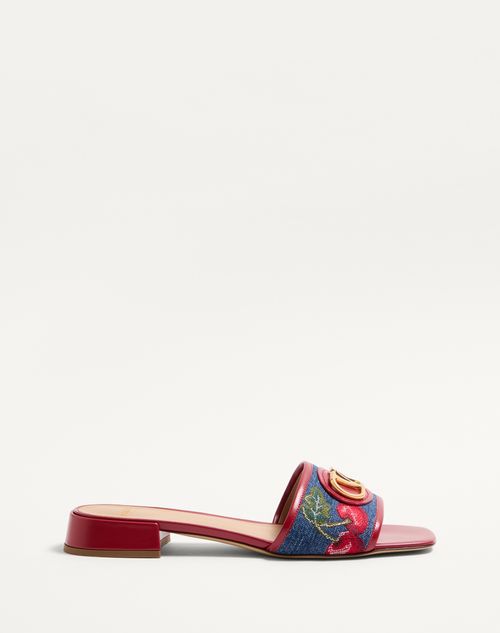 Valentino Garavani - Vlogo Signature Denim Slide Sandal With Cherryfic Embroidery 20mm - Denim/multicolour - Woman - Sandals