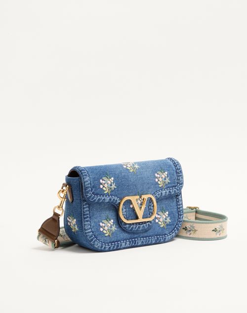 Valentino Garavani - Valentino Garavani Alltime Medium Shoulder Bag In Embroidered Denim With Embroidered Ribbon Strap - Denim - Woman - Shoulder Bags