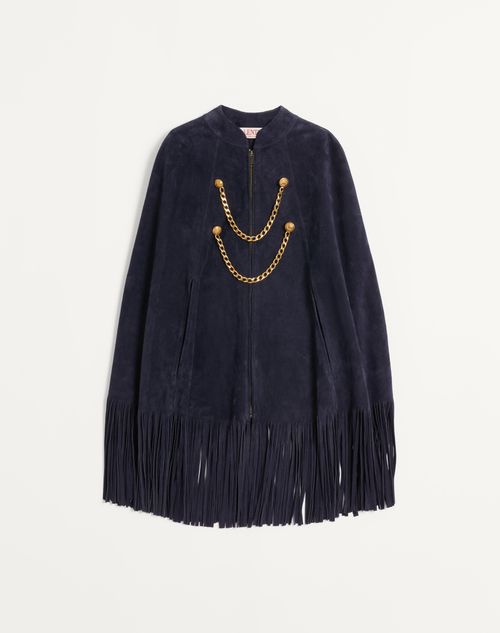 Valentino - Suede Cape With Fringes - Navy - Man - New Arrivals