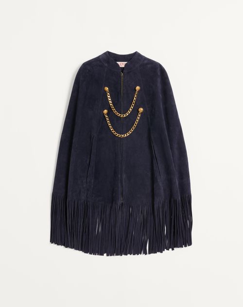 Valentino - Suede Cape With Fringes - Navy - Man - Coats And Blazers