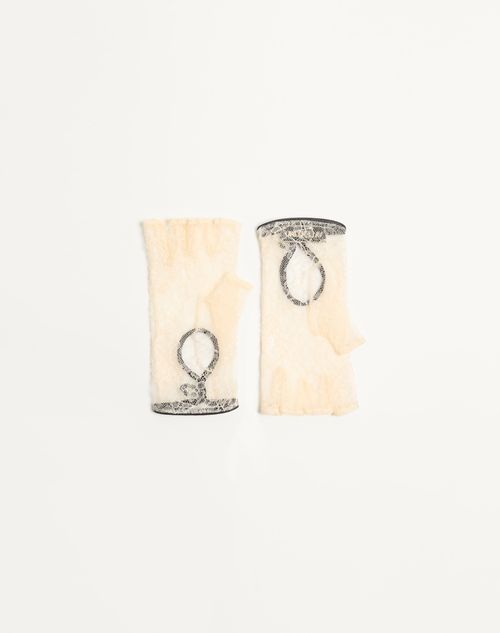 Valentino Garavani - Vlogo Signature Biker Gloves In Lace And Leather - Butter - Woman - Hats And Gloves