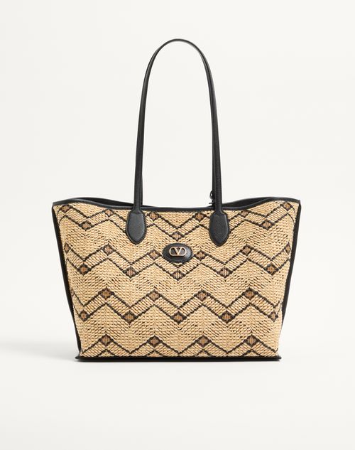 Valentino Garavani - Mittelgroßer Valentino Garavani Shopper Aus Raffiabast Mit Geometrischem Muster - Natur/schwarz - Frau - Shopper Taschen