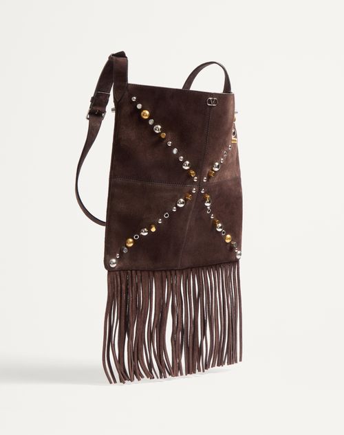 Valentino Garavani - Valentino Garavani Nellcôte Suede Shoulder Bag With Fringes - Brown - Woman - Shoulder Bags