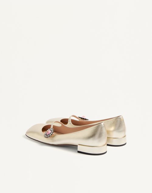 Valentino Garavani - Mary-jane Preshoes Ballerinas In Laminated Nappa With Jewel Button 20mm - Platinum/crystal - Woman - Ballerinas
