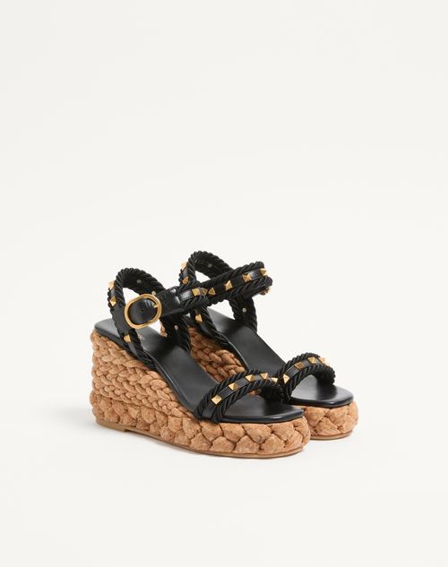 Valentino Garavani - Rockstud Wedge In Calfskin 100mm - Black/natural - Woman - Espadrilles And Wedges