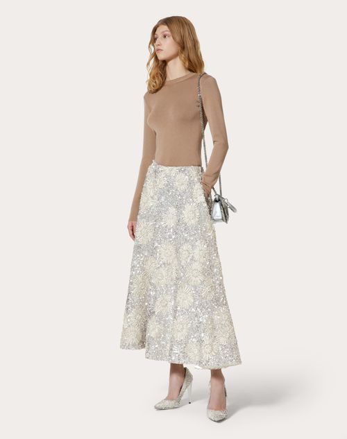 Midi Skirt In Embroidered Organza in Silver | Valentino US