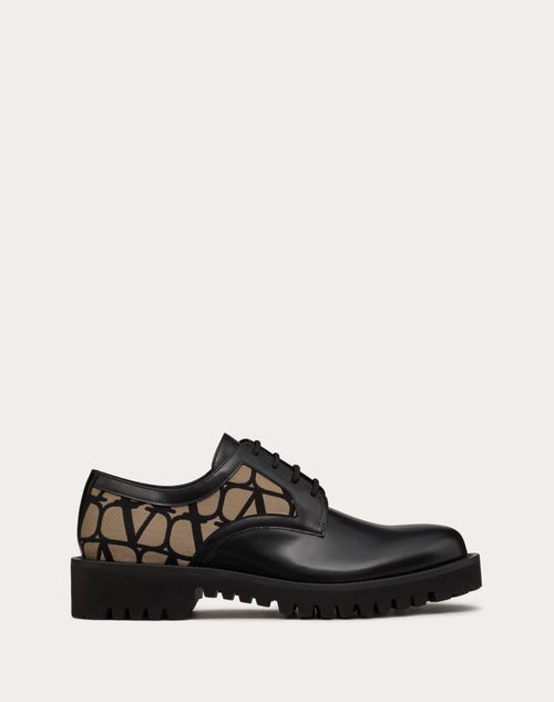 Valentino Garavani - Derbies En Tissu Technique Toile Iconographe Et En Cuir De Veau - Naturel/noir - Homme - Loafers & Oxford