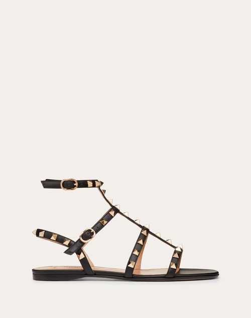 Valentino Garavani - Rockstud Flat Calfskin Sandal With Straps - Black - Woman - Flat Sandals