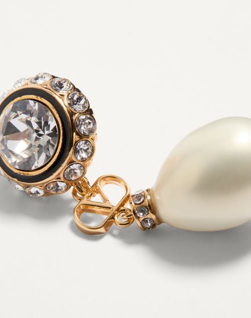 Valentino Garavani - Vlogo Signature Earrings In Metal, Enamel, Pearls And Crystals - Gold/black/crystal/cream - Woman - Jewellery