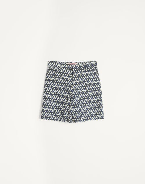 Valentino - Cotton Popeline Bermuda Shorts With Toute La V Print - Navy/cream - Man - Trousers And Shorts