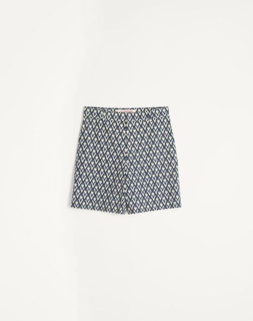 Valentino - Cotton Popeline Bermuda Shorts With Toute La V Print - Navy/cream - Man - Apparel