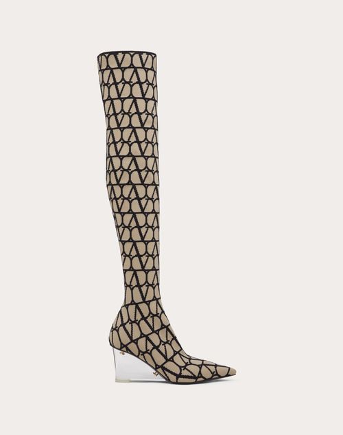 Valentino Garavani - Cuissardes Toile Iconographe En Maille Extensible, Talon : 75 mm - Beige/noir - Femme - Bottes