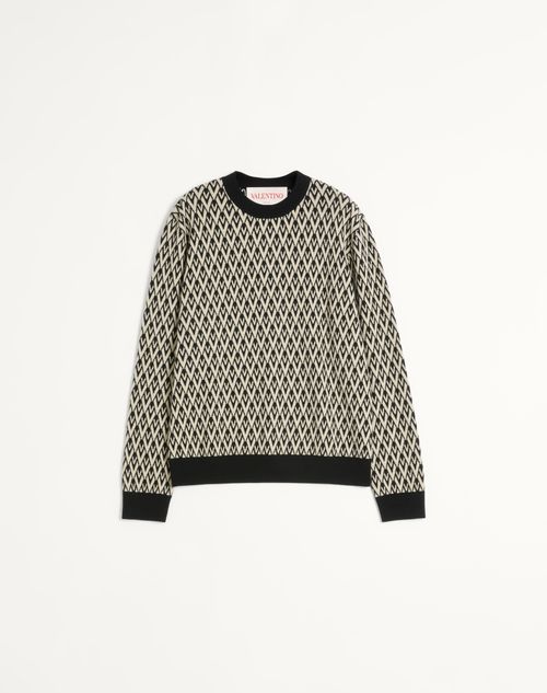 Valentino - Crewneck Wool Jumper With Toute La V Jacquard Pattern - Black/ivory - Man - Knitwear