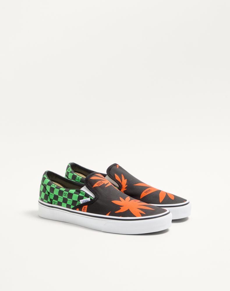 Valentino Garavani And Vans Slip-On Fabric Trainer With Vlogo Checkerboard Print And Tropical Leaves Print Man Black/Red/Green 44