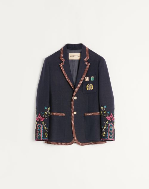 Valentino - シングルブレスト リネン ビーズエンブロイダリー パッチ ジャケット - ブルー - メンズ - コート＆ブレザー