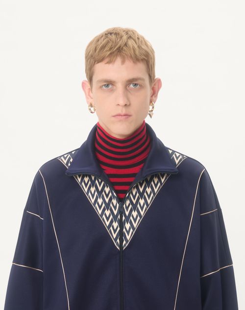 Valentino - Valentino Acetate Sweatshirt With Zipper And Inlaid Toute La V Print - Blue/butter - Man - Activewear