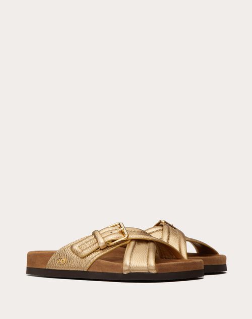 Valentino Garavani - Sandalia Sin Talón Fussfriend De Cuero De Becerro Graneado Y Metalizado Con Tacón De 30 mm - Oro - Mujer - Shelf - W Shoes - Fussfriend