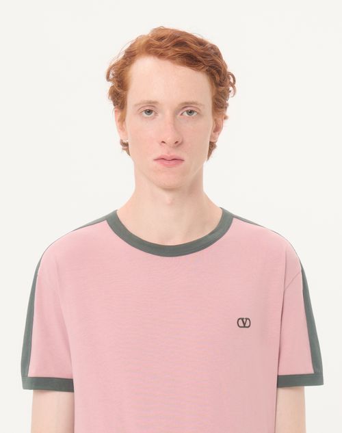 Valentino - Valentino Cotton T-shirt With Crew Neck, Contrasting Side Bands And Vlogo Embroidery - Pink/green - Man - T-shirts And Sweatshirts