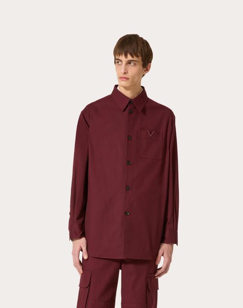 Stretch Cotton Canvas Shirt Jacket With Rubberized V Detail for Man in Ruby  | Valentino WX