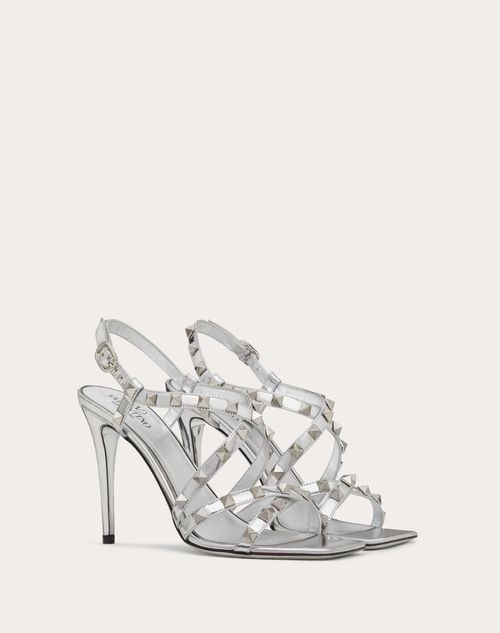 Valentino Garavani - Rockstud Mirror-effect Sandal With Straps And Tone-on-tone Studs 100mm - Silver - Woman - Rockstud Sandals - Shoes