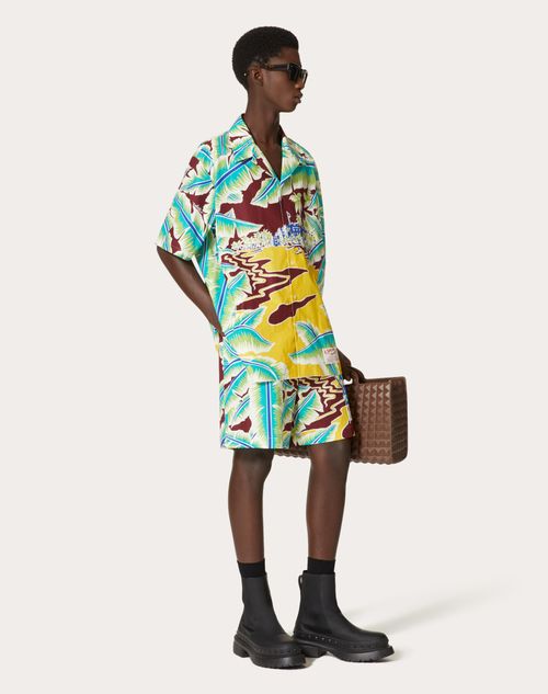Valentino - Cotton Bermuda Shorts With Surf Rider Print - Multicolour - Man - Trousers And Shorts